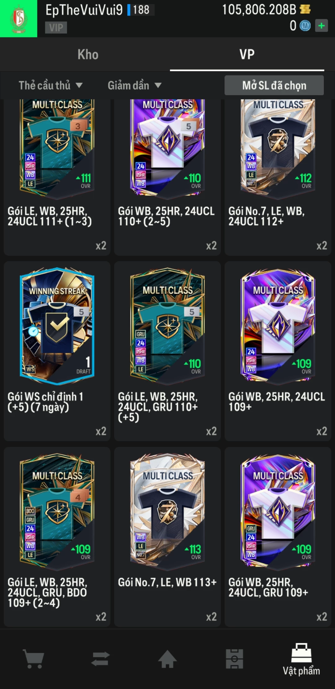 Ảnh ACC mở thẻ (LOẠI SVIP PROMAX) bao gồm có 01 thẻ +12, 03 thẻ PRIME (QH+, CP+, XS+) và hơn 1500+ đến 1600+ thẻ cầu thủ từ Siêu sao đến Miền núi các loại. Acc có sẵn BP trắng từ 90.000 tỷ BP đến 110.000 tỷ BP kèm theo nhiều ngày SVIP